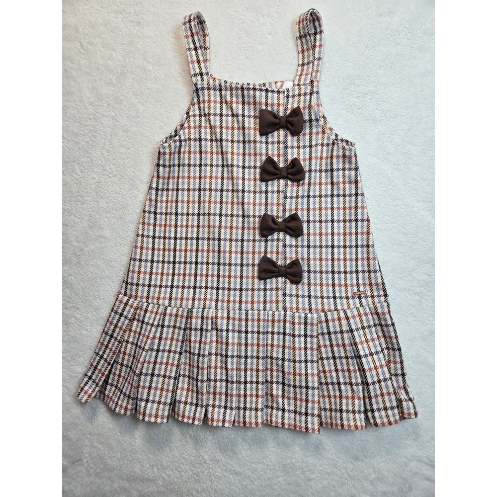 Tahari Girl Plaid Jumper Dress Size 5 Brown Blue Orange Bows Pleated Drop Waist